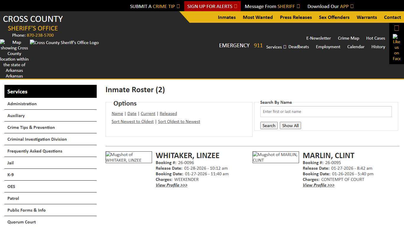 Inmate Roster - Released Inmates Booking Date Descending - Cross County Sheriff AR